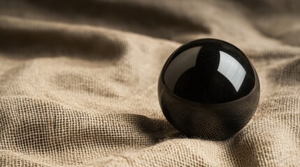 Polished black sphere resting on a textured fabric.