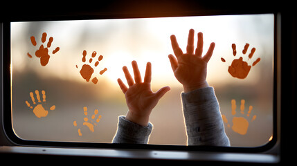 Child's handprints on window and child's hands reaching out towards the light