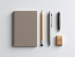 Flat Lay of Pen, Pencil, Notebook, and Eraser on White Background