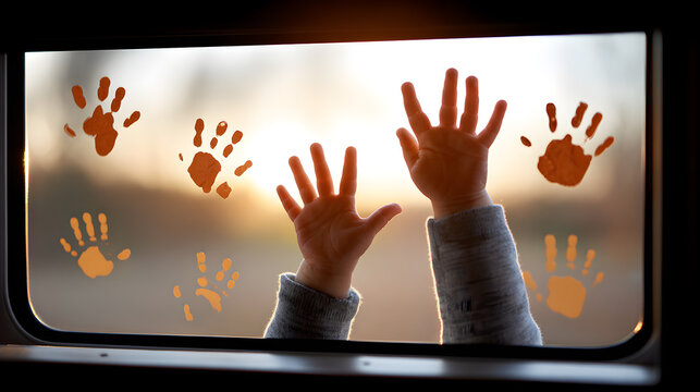 Child's handprints on window and child's hands reaching out towards the light - Powered by Adobe