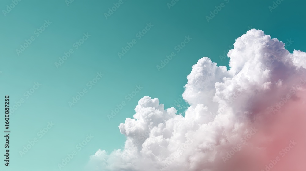 Poster highangle view of fluffy white clouds drifting across a pastel sky featuring soft pink and mint tone