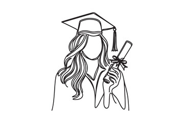 Elegant Graduation Girl Single Line Art - Bold and Clean Design on White Background