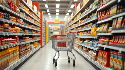Supermarket aisle with shopping cart centered between shelves stocked with merchandise Clean well-li