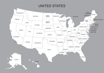 USA map white color - United State of America vector illustration map with all state names - Poster of administrative map of USA, States and geographical borders.