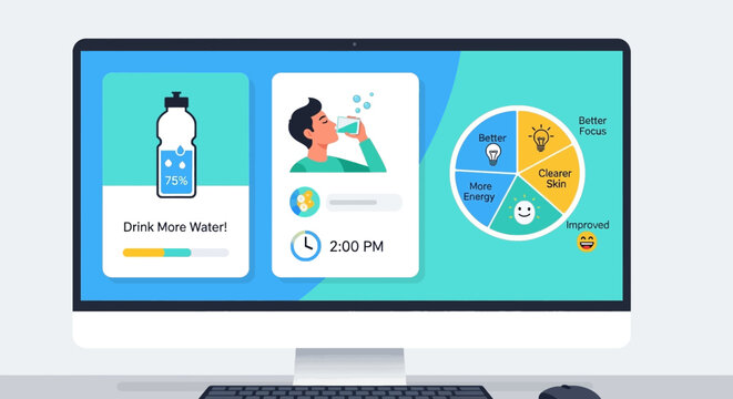 Hydration tracking app showing benefits like better focus energy clearer skin and improved mood