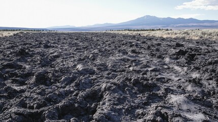 Volcanic landscape with a rugged surface.