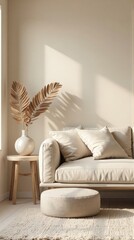 Beige living room with a minimalist aesthetic.