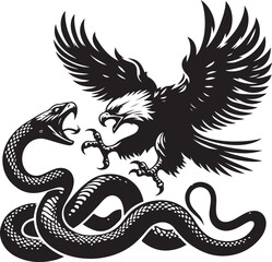 Obraz premium A eagle hunting snake flying sky vector silhouette illustration. Angry eagle hunting a snake vector illustration 