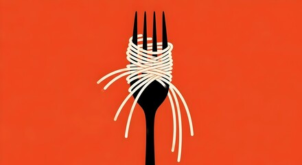 VINTAGE retro-inspired ILLUSTRATION of a black fork and the tines are wrapped in soft cream-colored spaghetti. flat, minimalist, burnt orange background,  classic, texture, concept, vintage food 