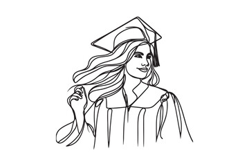 Elegant Graduation Girl Single Line Art - Bold and Clean Design on White Background