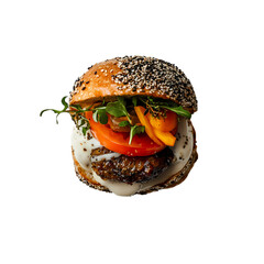 A Fresh Roasted Veggie Burger with Lettuce Tomato Isolated on Transparent Background