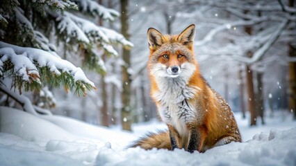 Red fox, Vulpes vulpes, a wild predator, hunts in the winter snow
