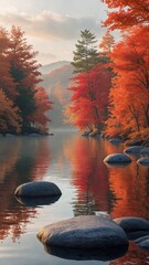 Calm Autumn Lake with Colorful Trees and Rocks