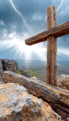 Majestic Sunset Over Golgotha Hill Featuring an Ancient Wooden Cross Symbolizing Faith and Hope
