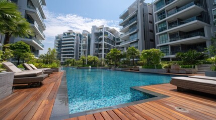 Fototapeta premium Modern apartment complex pool deck with lounge chairs.