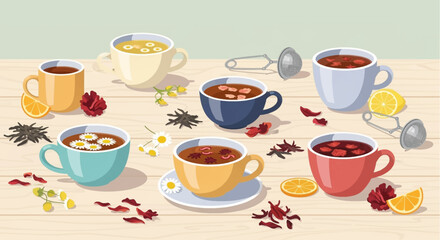 Assortment of colorful cups filled with various herbal teas and garnishes on a wooden surface.