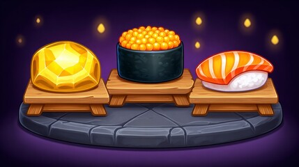 Three game icons display a yellow gemstone caviar and salmon sushi on wooden platforms