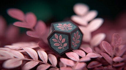 Macro photograph of an ornate dodecahedron die with etched botanical designs nestled among soft blurred foliage