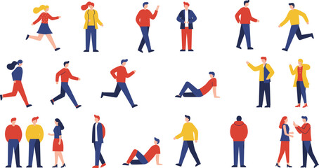 Flat people character set, walking, running, sitting, standing, using phone, modern minimal illustration for urban lifestyle and activity concepts