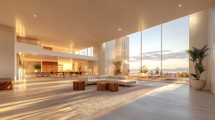 Fototapeta premium A spacious and modern luxury living room with floortoceiling windows offering a stunning sunset view