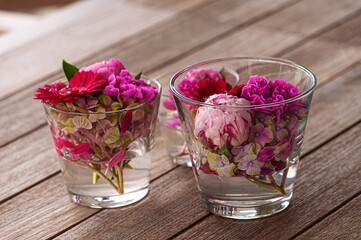 Vivid pink and magenta flowers are displayed in clear glasses, showcasing their lively...
