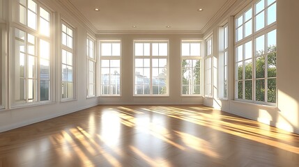 An empty sunlit room with polished wooden floors and large bay windows casting geometric patterns of