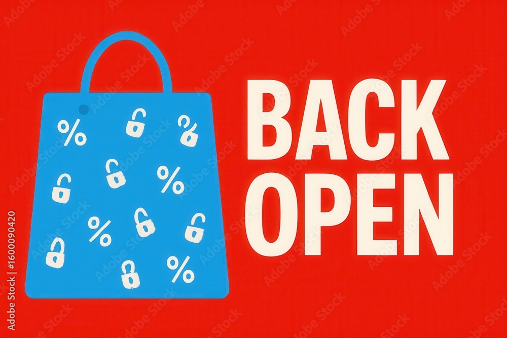 Poster the image features a blue shopping bag with lock and percentage symbols against a red background wit