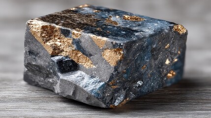 A close-up image of a sparkling mineral or stone with metallic gold flecks and dark-colored body