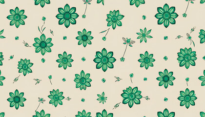 Digital artwork of a seamless fashion textile with hand-drawn emerald motifs, used in a mockup for a luxury scarf or dress 2