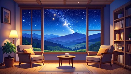 Cozy living room with mountain view at night