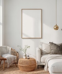 Elegant ISO A-Size Poster Frame Mockup Cozy Modern Living Room Interior with Natural Light
