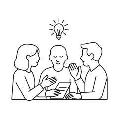A team collaborating with a lightbulb idea, symbolizing brainstorming. Great for teamwork, creativity, and innovation concepts.