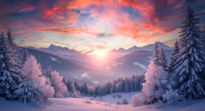 Majestic winter mountain landscape with glowing sunrise illuminating snow-covered trees and distant peaks