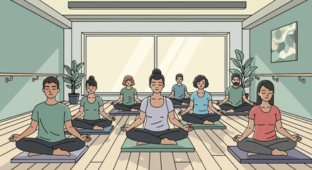 Group of diverse people meditating peacefully in a yoga studio class.