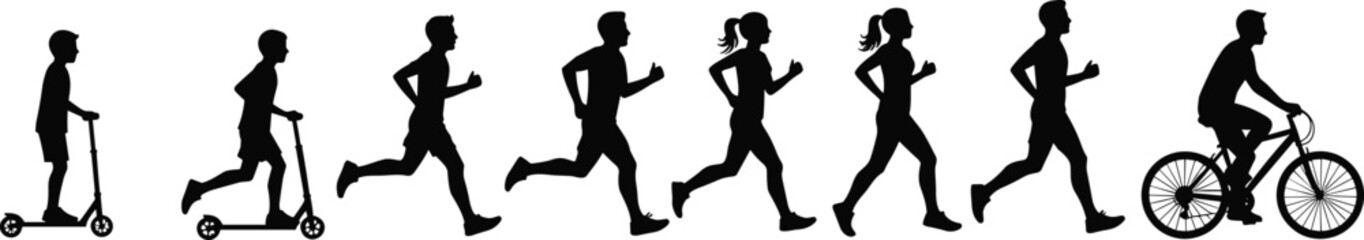 Silhouette of people in motion, running, biking, riding scooters, active lifestyle illustration, black vector silhouettes for fitness concept design