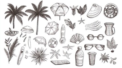 Simple summer illustration set with beach and summer vacation elements