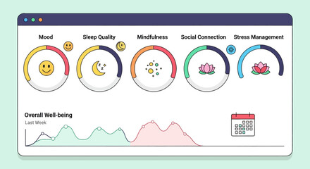 Digital wellness dashboard tracking mood sleep mindfulness social connection stress management and overall well-being