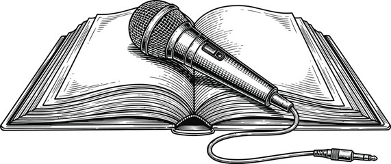 Microphone resting on an open book, symbolizing spoken word, performance, or storytelling