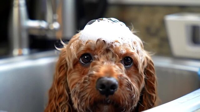Close-up of a brown dog in a sink with soap suds on its head, looking directly at the camera.
