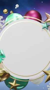 Animation of snow and christmas decorations around blank white circular sign over winter landscape