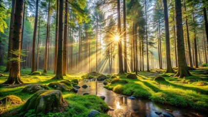 Golden sun through misty autumn woods: a tranquil forest path, vibrant with nature's light