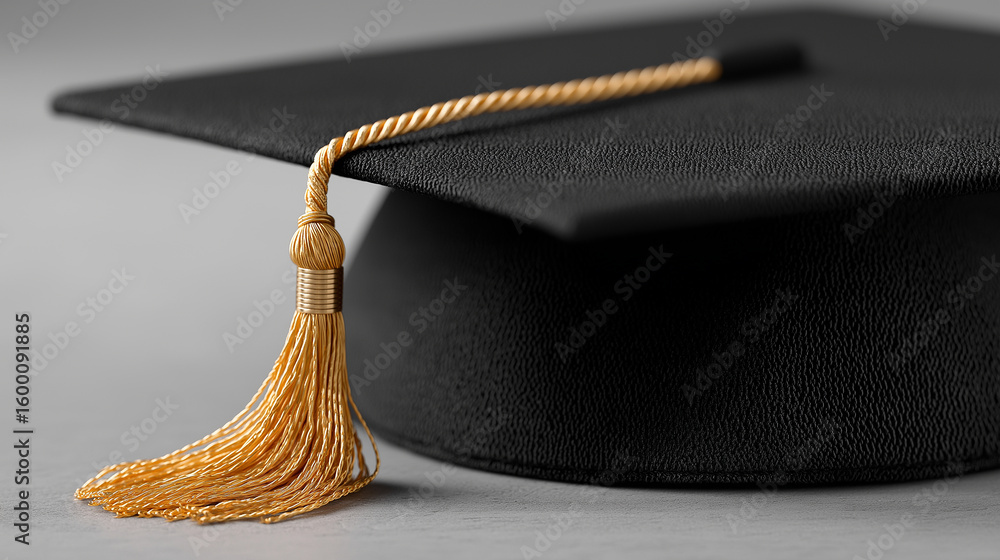 Fototapete 3d rendered academic graduation cap in matte black with flowing golden tassel placed on reflective s