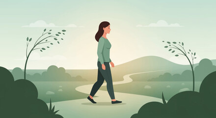 Woman walking calmly on a winding path through a serene, stylized landscape with trees and hills.