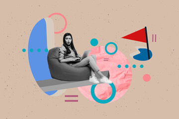 Poster graphics collage of people sit chair use technology direct flags on brown color background