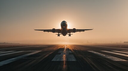 Fototapeta premium High-resolution image of airplane taking off above runway with strong backlight, heat haze, long shadows, and minimalist airport scenery, symbolizing ambition and departure