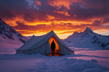 Alone at Sunset in the Snowy Mountain Wind
