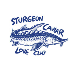 Sturgeon fish artwork for t shirt print, poster, sticker and other uses. Sturgeon artwork. Caviar tin vintage artwork. Caviar t shirt design.