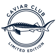 Caviar club. Caviar tin vintage artwork. Fish t shirt design. Sturgeon fish artwork for t shirt print, poster, sticker and other uses. Sturgeon artwork. 