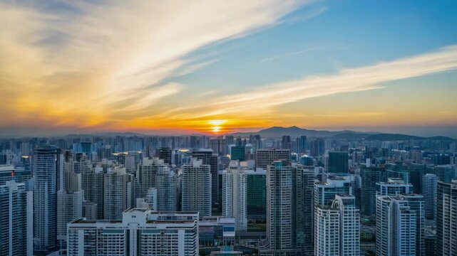 Sunlight passes over tall buildings while clouds drift in sky in city timelapse
