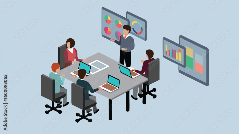 Poster isometric view of a business meeting with presentation and laptops on a conference table setting sce